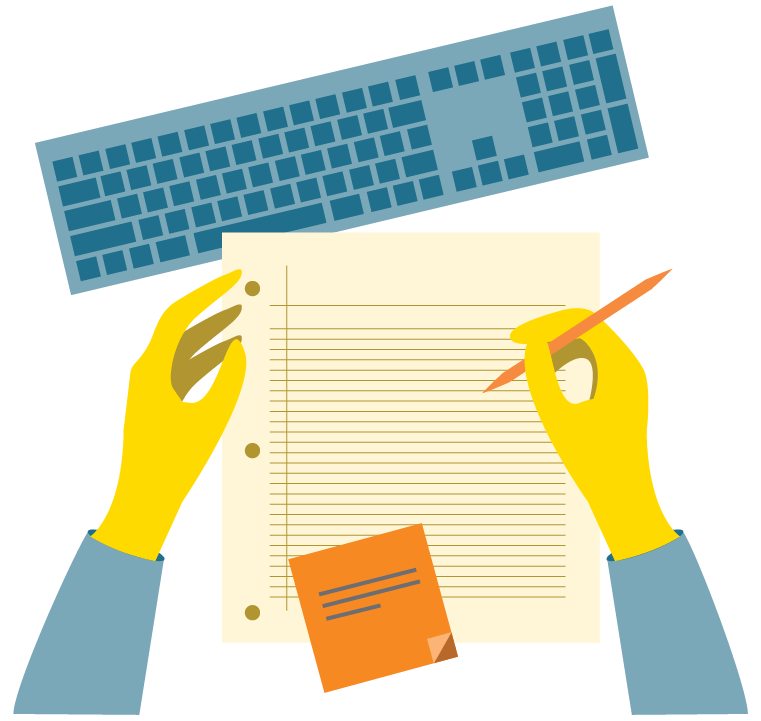 Illustration of Hands with Paper, Pen and Keyboard